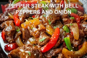 PEPPER STEAK WITH BELL PEPPERS AND ONION centered hero view, clean and uncluttered