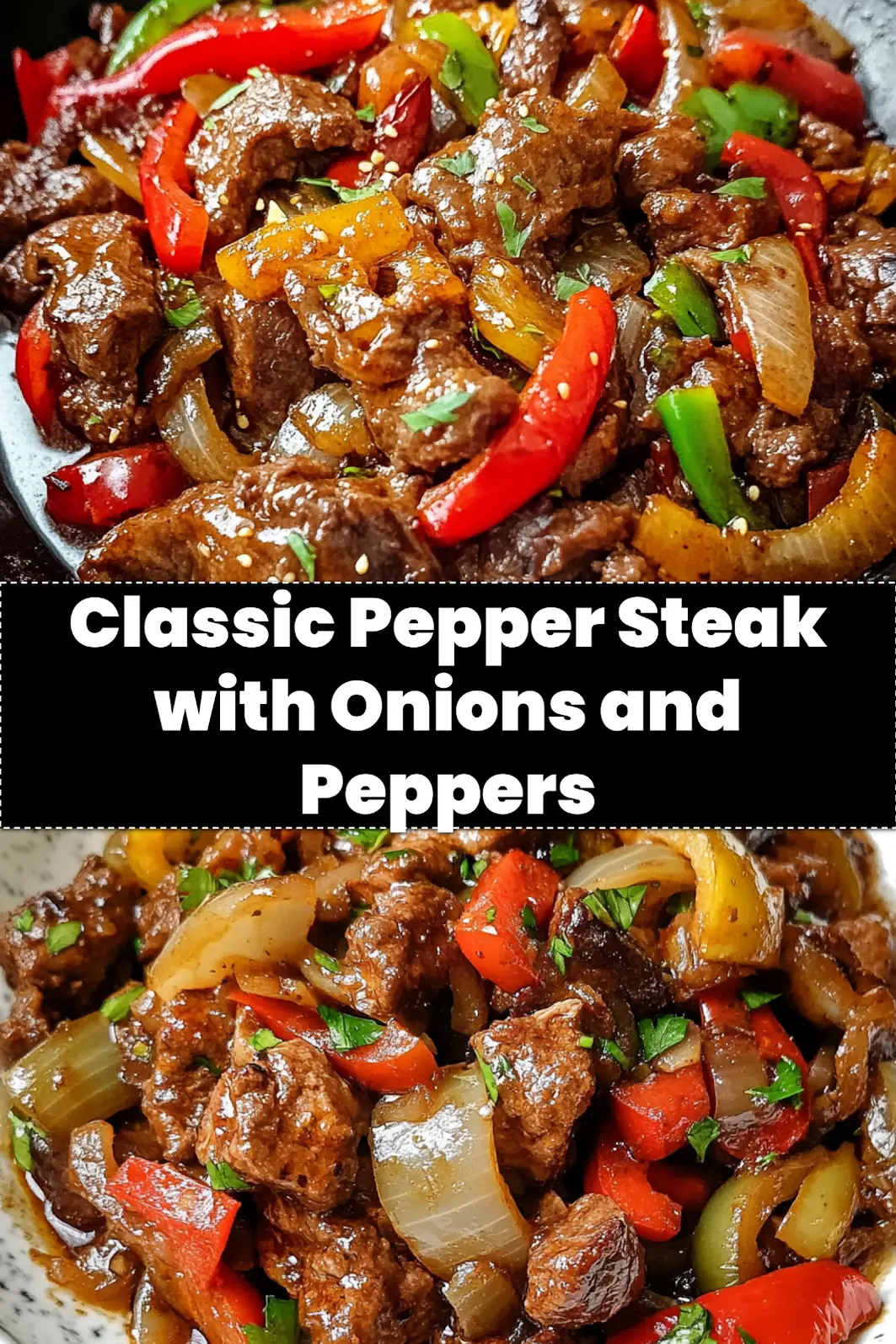 PEPPER STEAK WITH BELL PEPPERS AND ONION centered hero view, clean and uncluttered_pin
