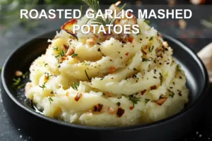 ROASTED GARLIC MASHED POTATOES centered hero view, clean and uncluttered