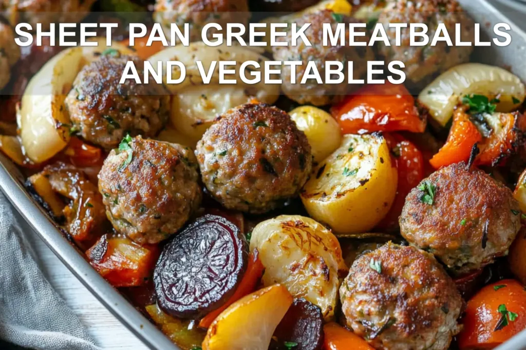 SHEET PAN GREEK MEATBALLS AND VEGETABLES centered hero view, clean and uncluttered