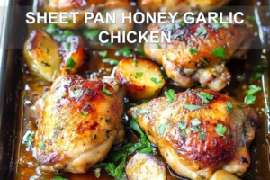 SHEET PAN HONEY GARLIC CHICKEN centered hero view, clean and uncluttered