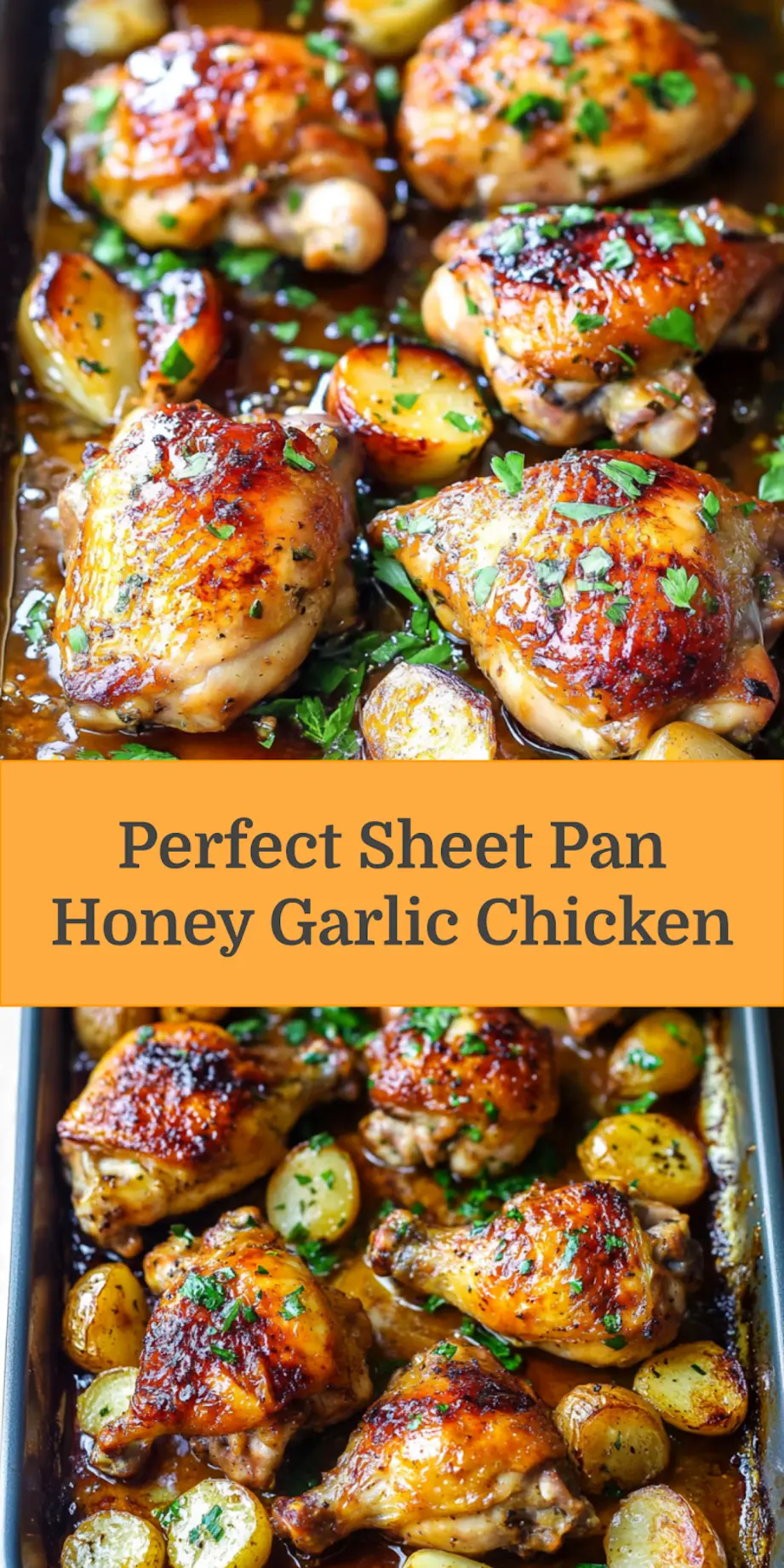SHEET PAN HONEY GARLIC CHICKEN centered hero view, clean and uncluttered_pin