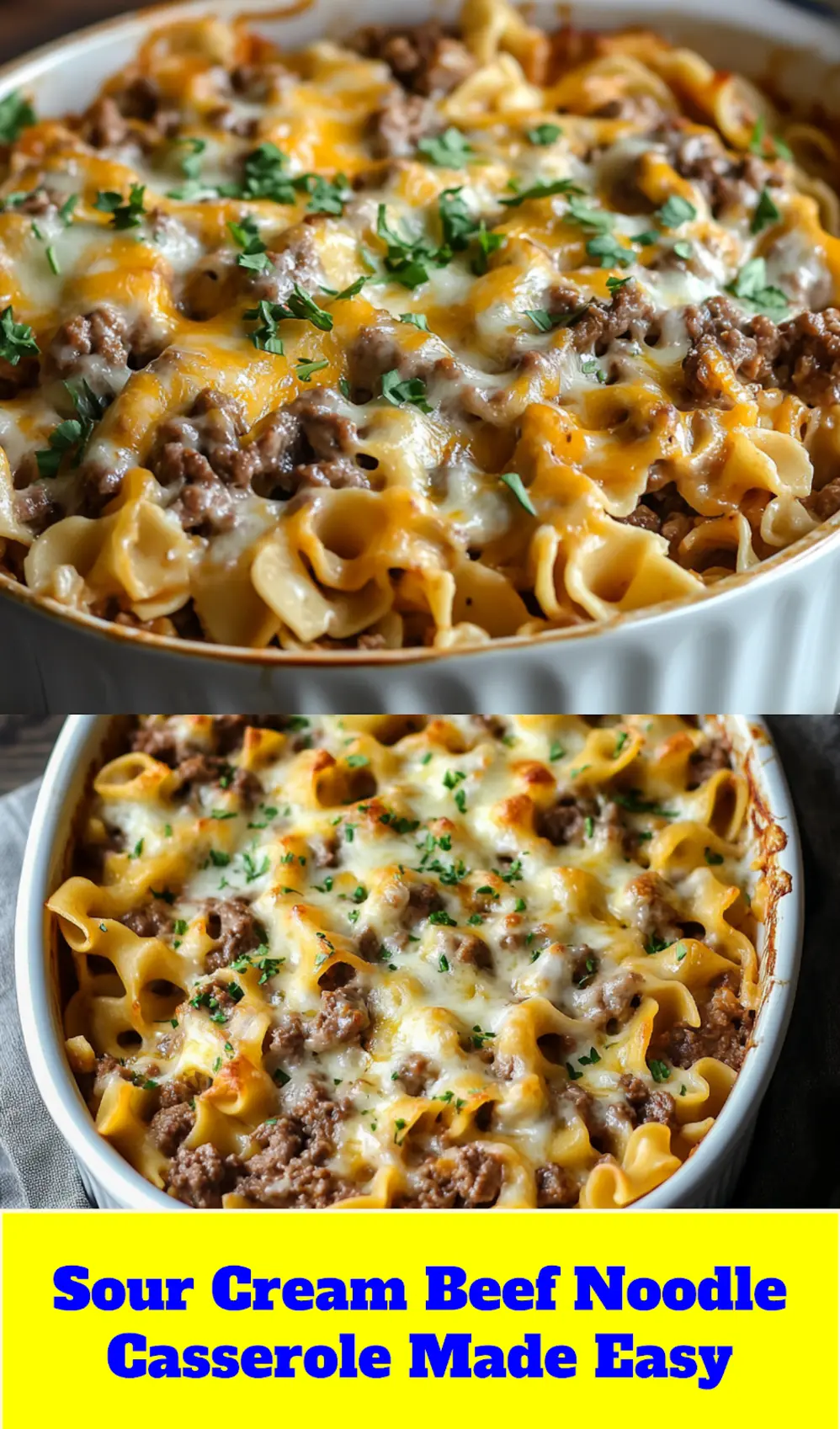 Sour Cream Beef Noodle Casserole for a Cozy Dinner 4 SOUR CREAM BEEF NOODLE CASSEROLE centered hero view, clean and uncluttered_pin