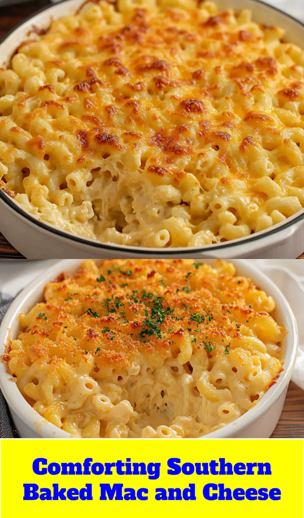 Close-up of Southern Mac and Cheese Baked showing golden crust and creamy interior