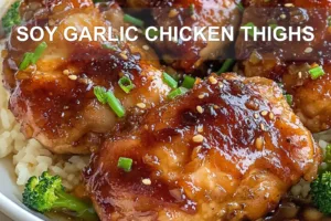 SOY GARLIC CHICKEN THIGHS centered hero view, clean and uncluttered