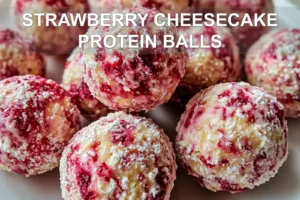 STRAWBERRY CHEESECAKE PROTEIN BALLS centered hero view, clean and uncluttered