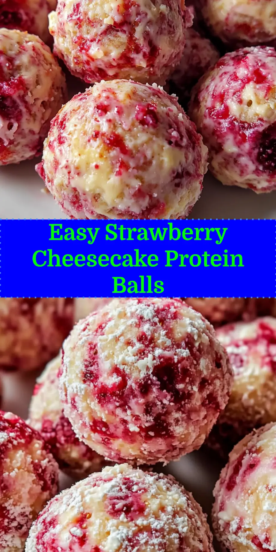 STRAWBERRY CHEESECAKE PROTEIN BALLS centered hero view, clean and uncluttered_pin
