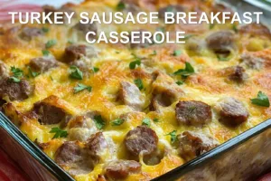 TURKEY SAUSAGE BREAKFAST CASSEROLE centered hero view, clean and uncluttered