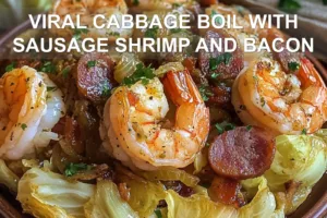VIRAL CABBAGE BOIL WITH SAUSAGE SHRIMP AND BACON centered hero view, clean and uncluttered