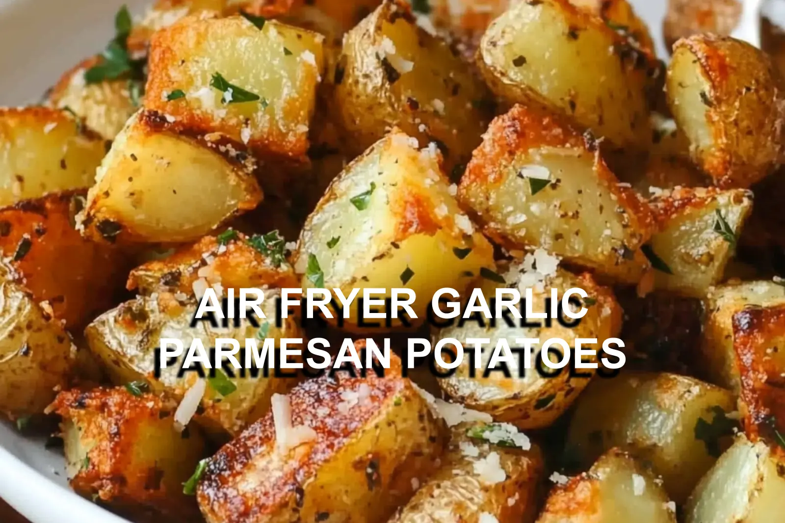 AIR FRYER GARLIC PARMESAN POTATOES centered hero view, clean and uncluttered