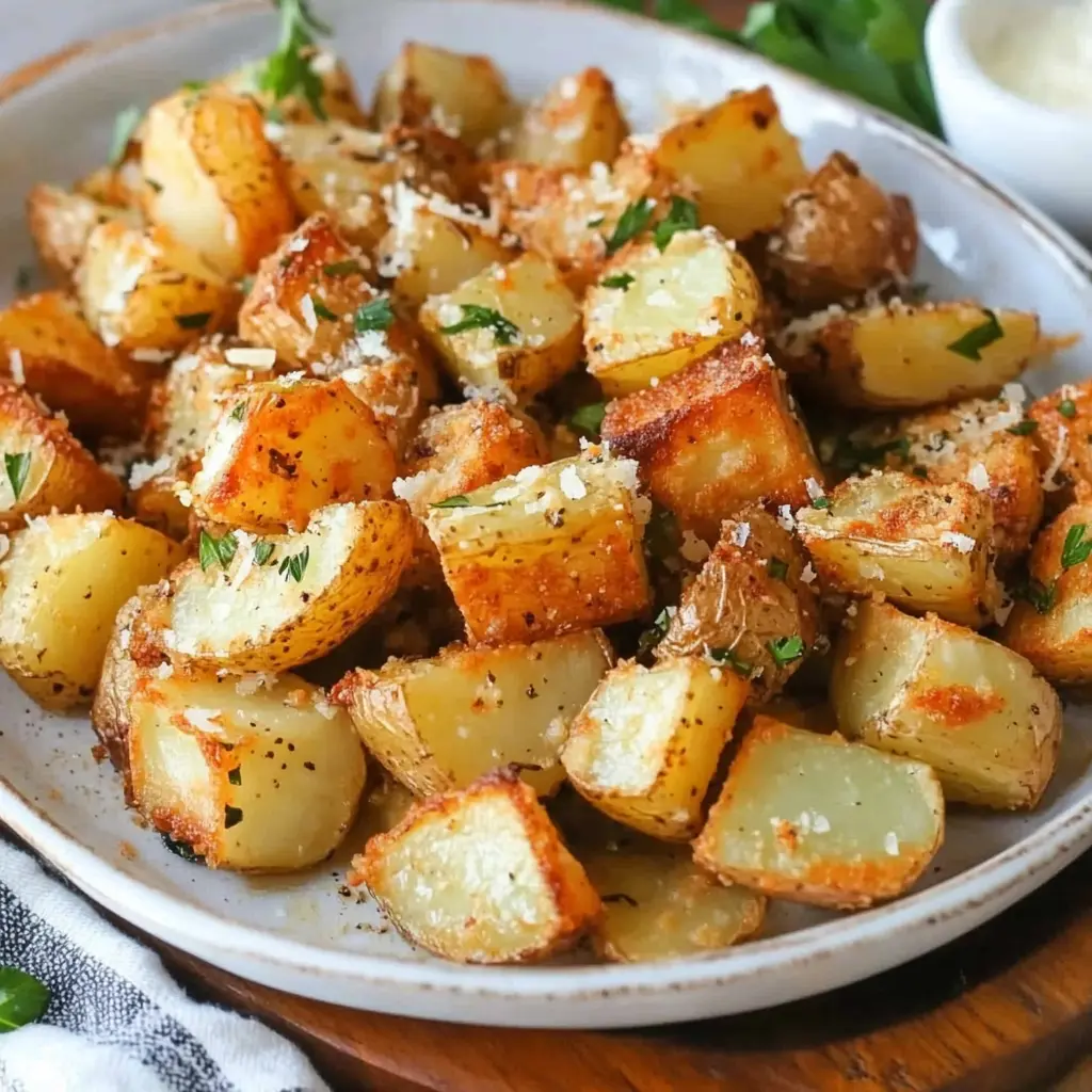 AIR FRYER GARLIC PARMESAN POTATOES centered hero view, clean and uncluttered