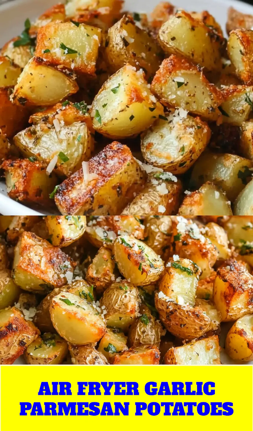 AIR FRYER GARLIC PARMESAN POTATOES centered hero view, clean and uncluttered_pin