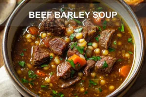 BEEF BARLEY SOUP in rustic bowl, centered hero shot with tender beef chunks and pearl barley in rich broth