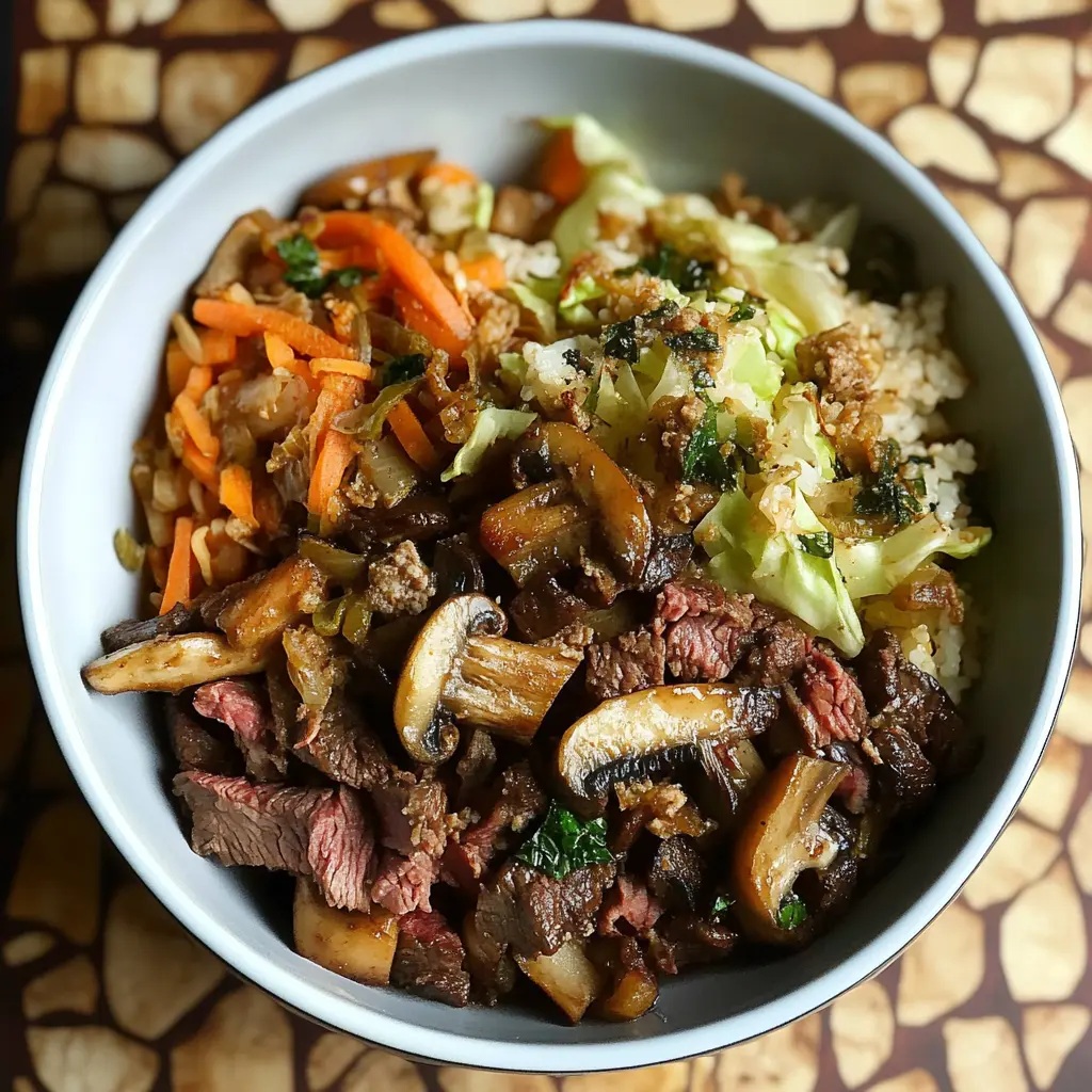 Beef mushroom and cabbage bowl with tender beef strips, golden mushrooms, and sautéed cabbage