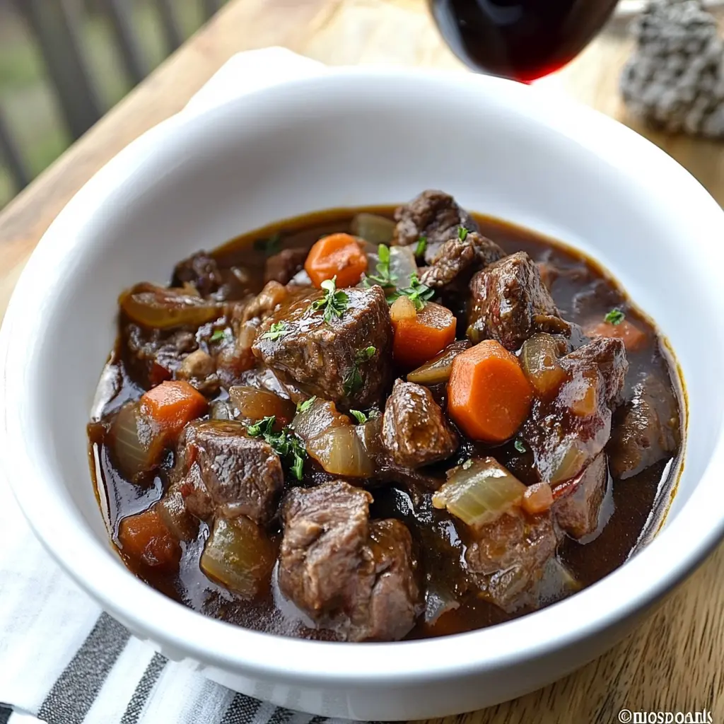 Beef stew with red wine in a rustic bowl, rich and deeply colored
