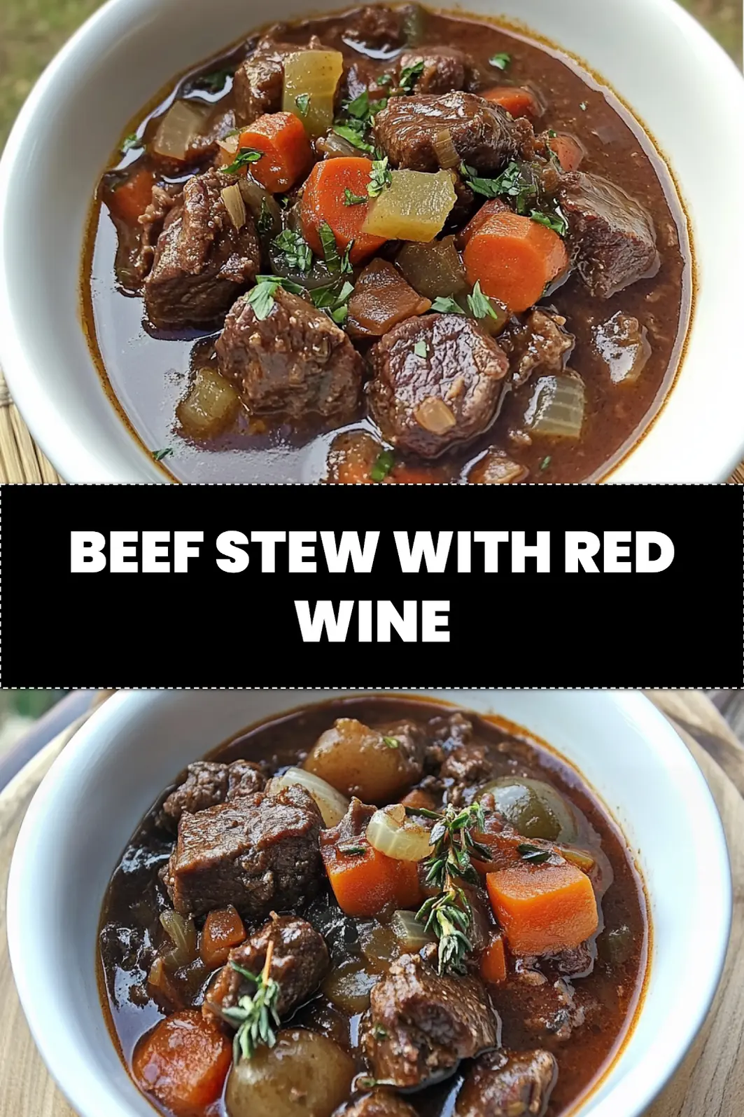 Beef stew with red wine ready to serve, styled for sharing