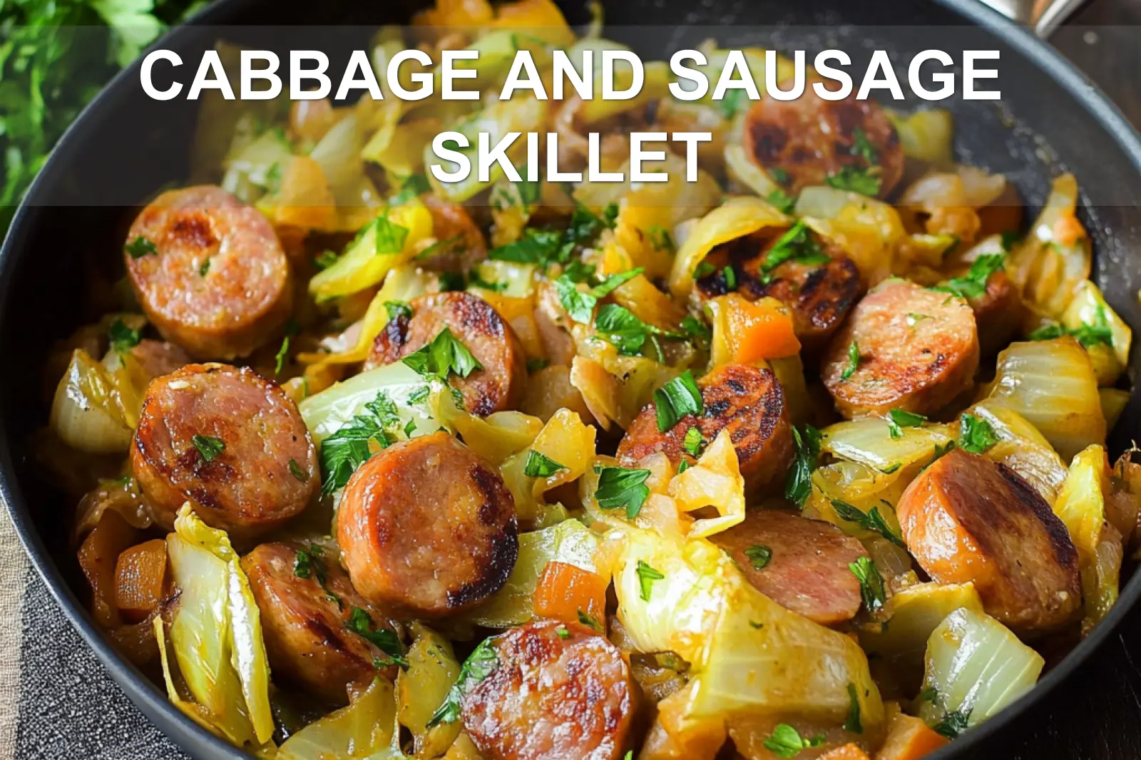 CABBAGE AND SAUSAGE SKILLET centered hero view, clean and uncluttered