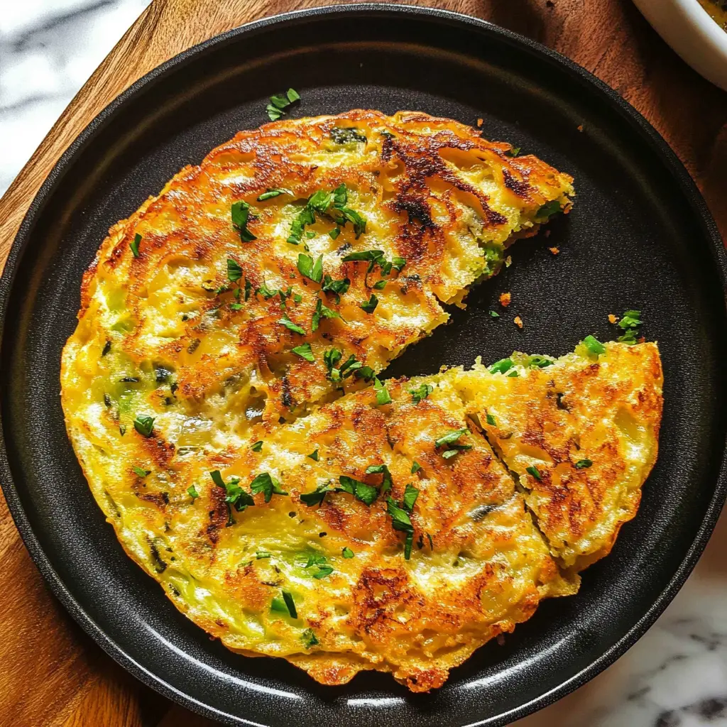 Golden crispy cabbage pancake on a white plate