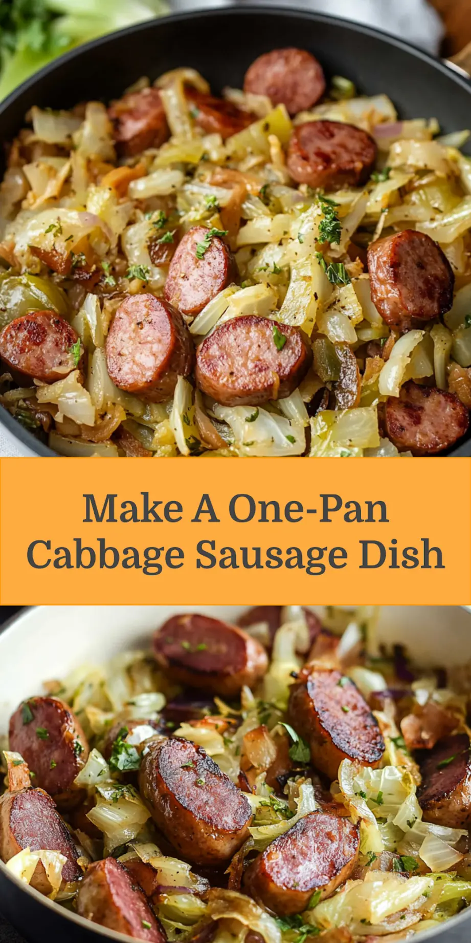 CABBAGE SAUSAGE ONE PAN SKILLET centered hero view, clean and uncluttered_pin