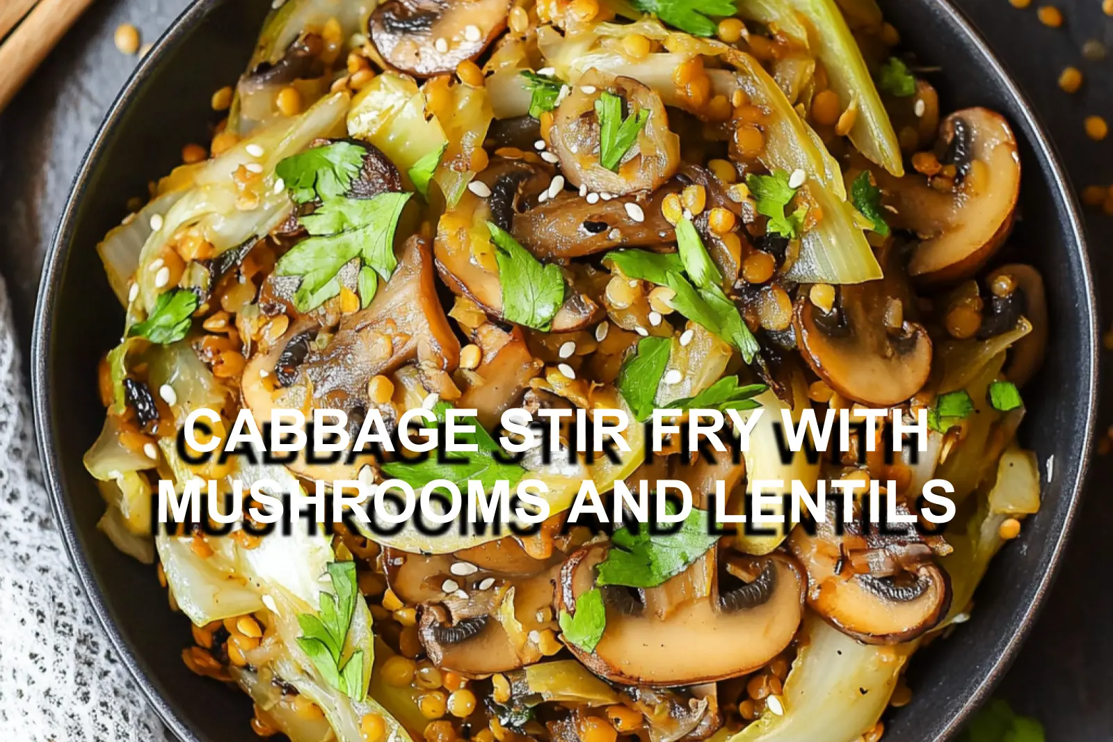 CABBAGE STIR FRY WITH MUSHROOMS AND LENTILS centered hero view, clean and uncluttered