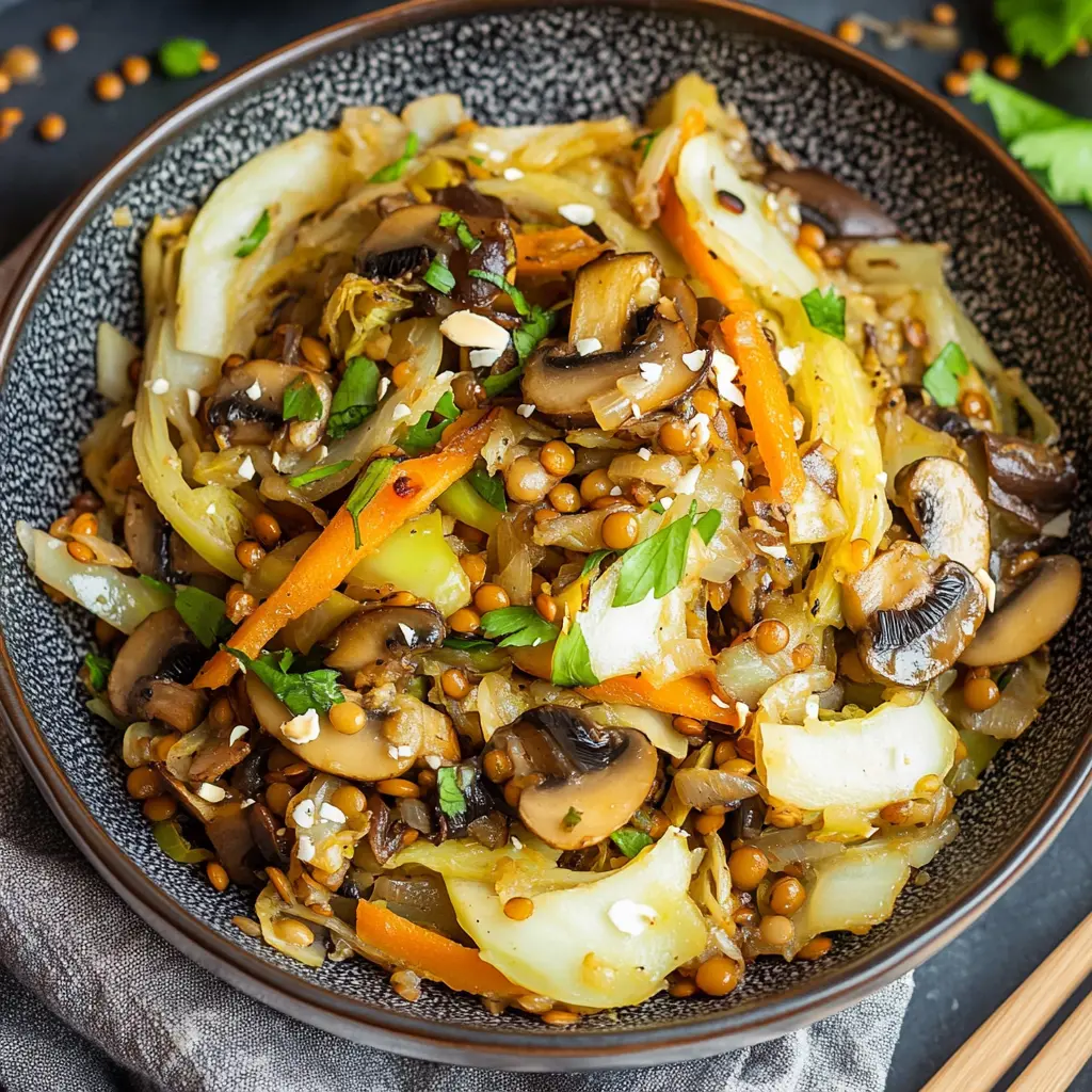 CABBAGE STIR FRY WITH MUSHROOMS AND LENTILS centered hero view, clean and uncluttered