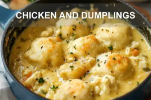 CHICKEN AND DUMPLINGS centered hero view, clean and uncluttered