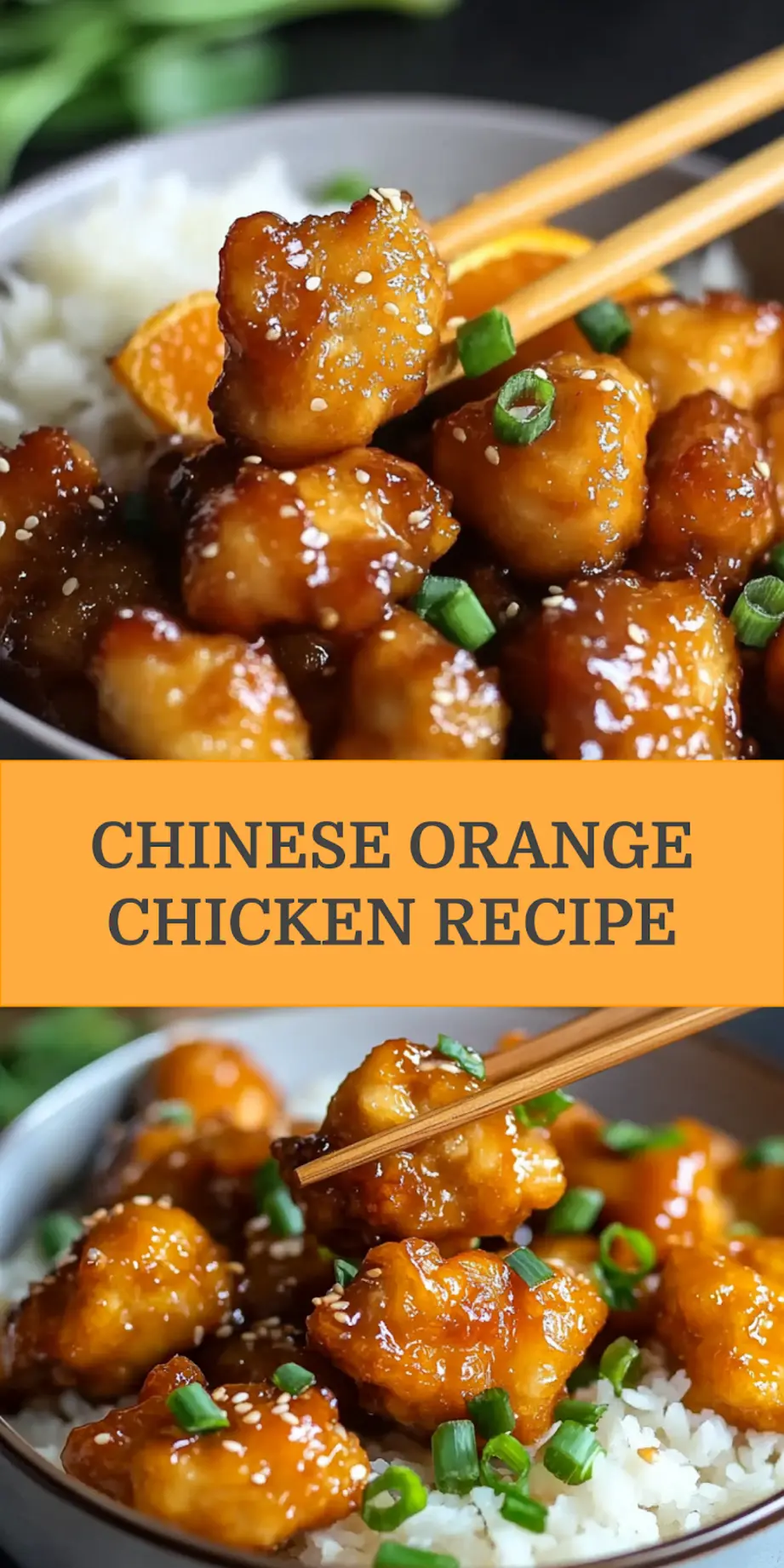 Chinese Orange Chicken recipe centered hero view, clean and uncluttered pin