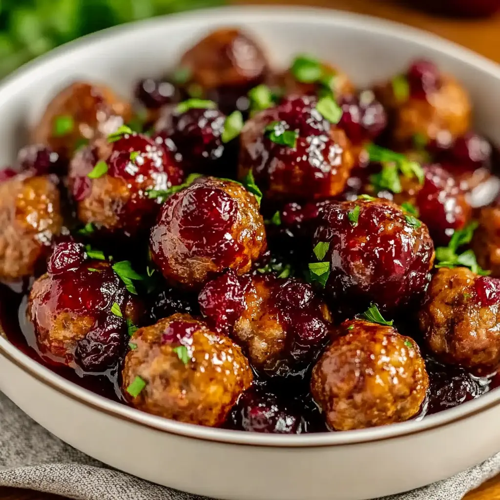 Christmas Cranberry Meatballs centered hero view, clean and uncluttered