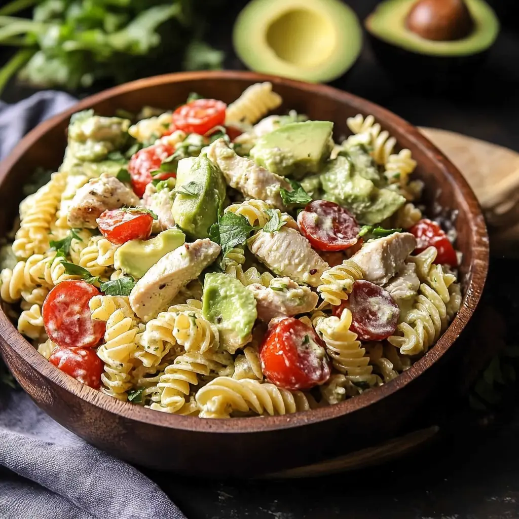 Creamy avocado chicken pasta salad in a white bowl with fresh greens and cherry tomatoes