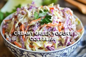 CREAMY GREEK YOGURT COLESLAW centered hero view, clean and uncluttered