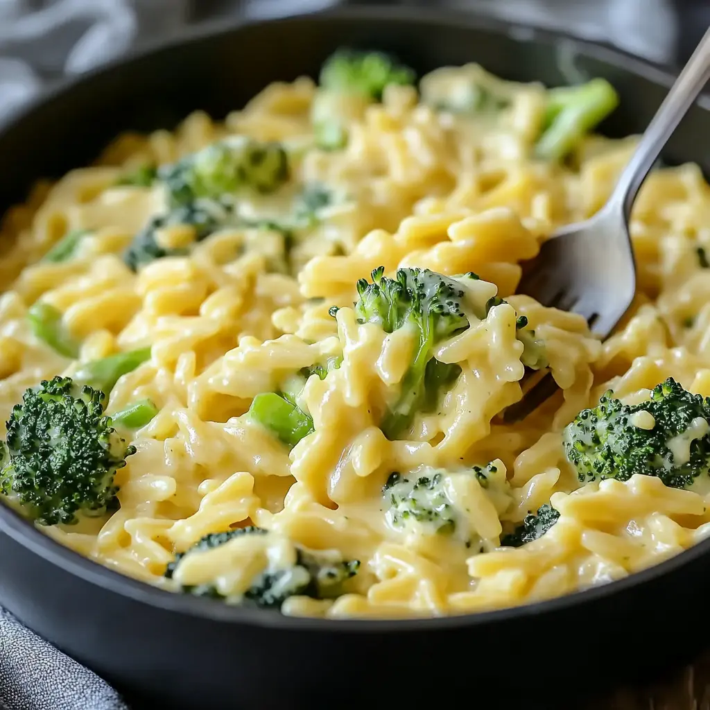 Creamy one pot broccoli cheddar orzo in a pan, ready to serve