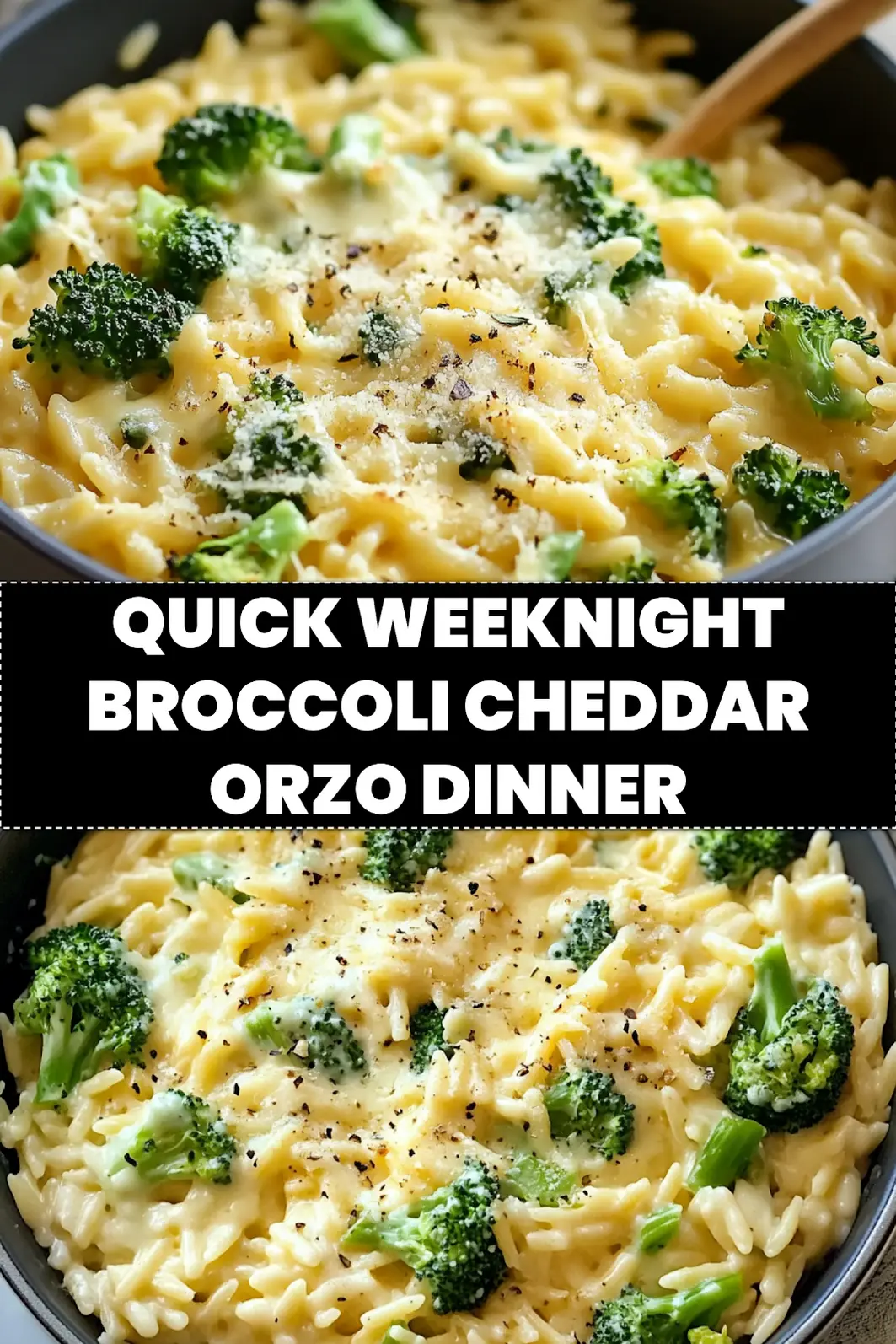 Creamy one pot broccoli cheddar orzo Pinterest pin image