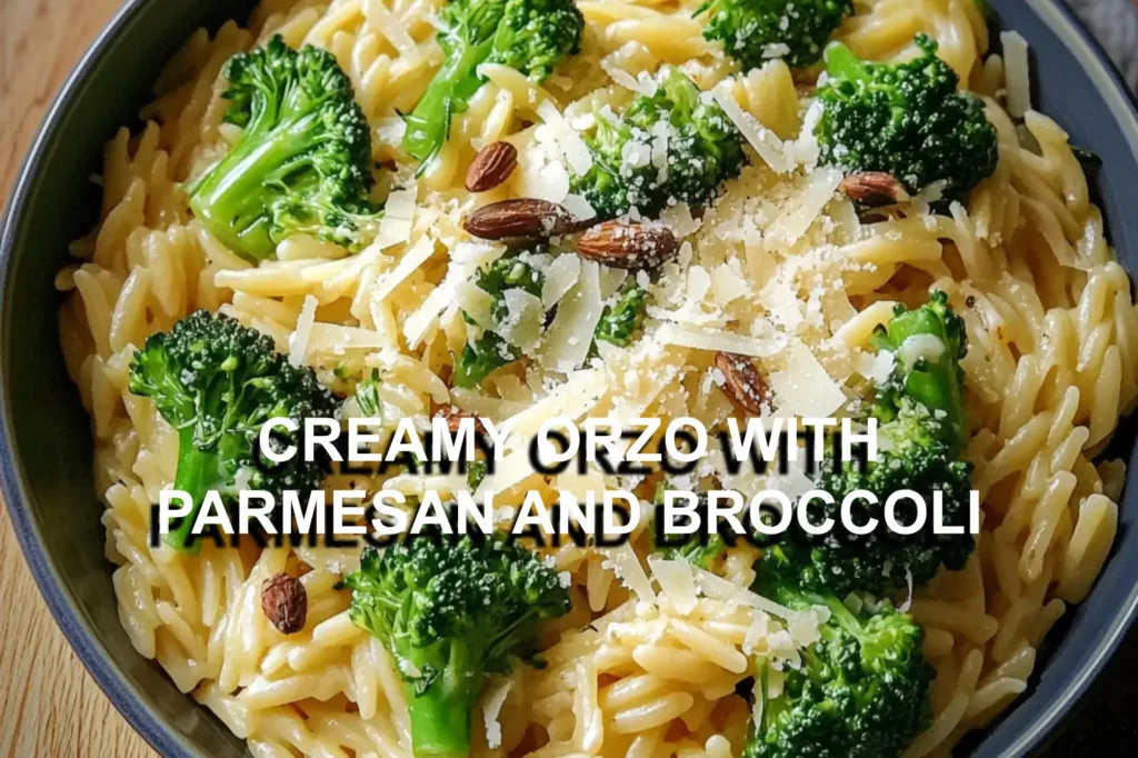 CREAMY ORZO WITH PARMESAN AND BROCCOLI centered hero view, clean and uncluttered