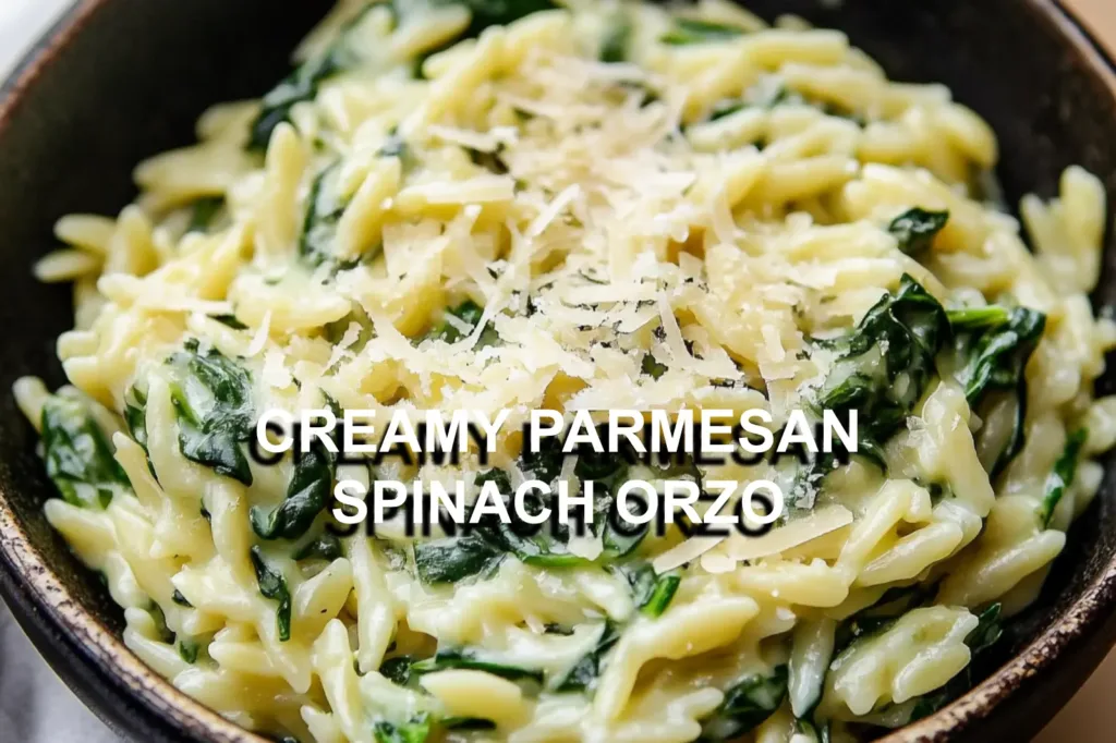 CREAMY PARMESAN SPINACH ORZO centered hero view, clean and uncluttered