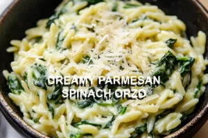 CREAMY PARMESAN SPINACH ORZO centered hero view, clean and uncluttered