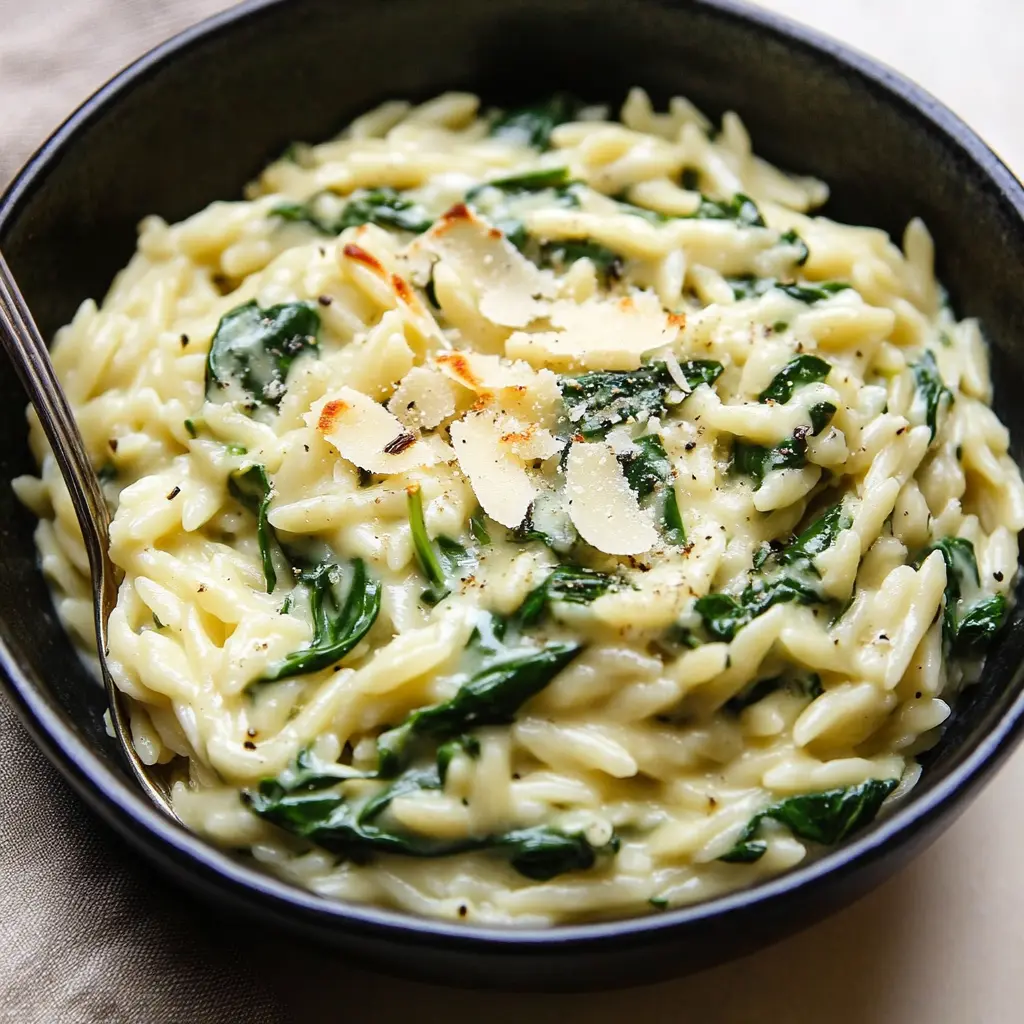 Creamy Parmesan Spinach Orzo in a bowl, centered hero view, clean and uncluttered