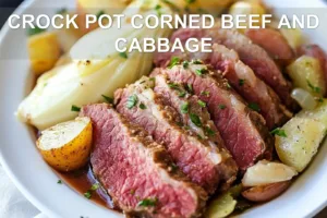 CROCK POT CORNED BEEF AND CABBAGE centered hero view, clean and uncluttered