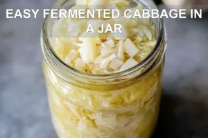 EASY FERMENTED CABBAGE IN A JAR centered hero view, clean and uncluttered