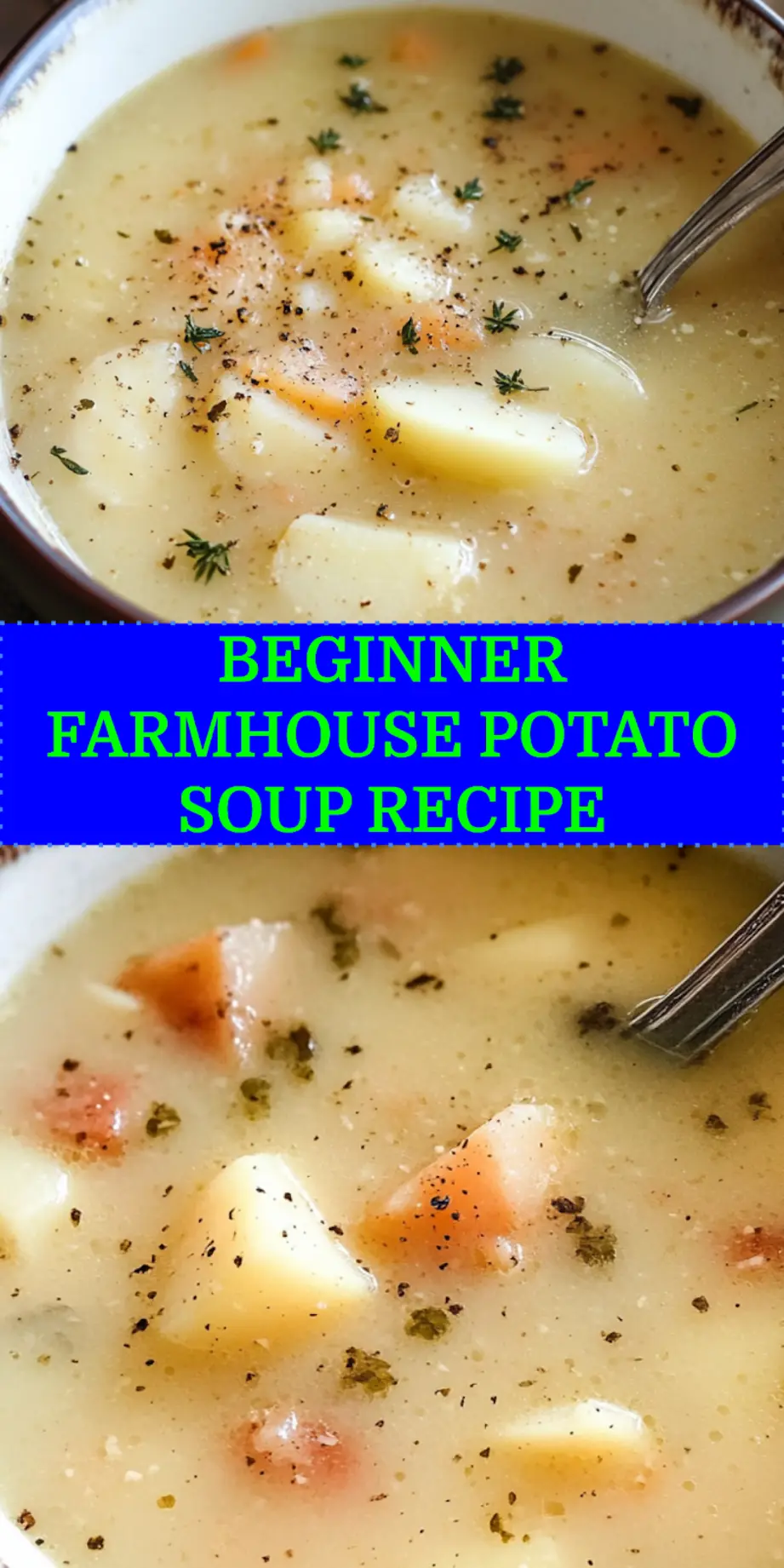 Pinterest-optimized image of farmhouse potato soup topped with bacon and cheese