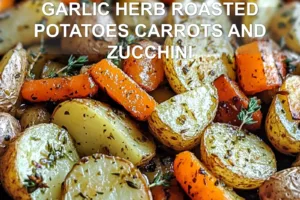 GARLIC HERB ROASTED POTATOES CARROTS AND ZUCCHINI centered hero view, clean and uncluttered