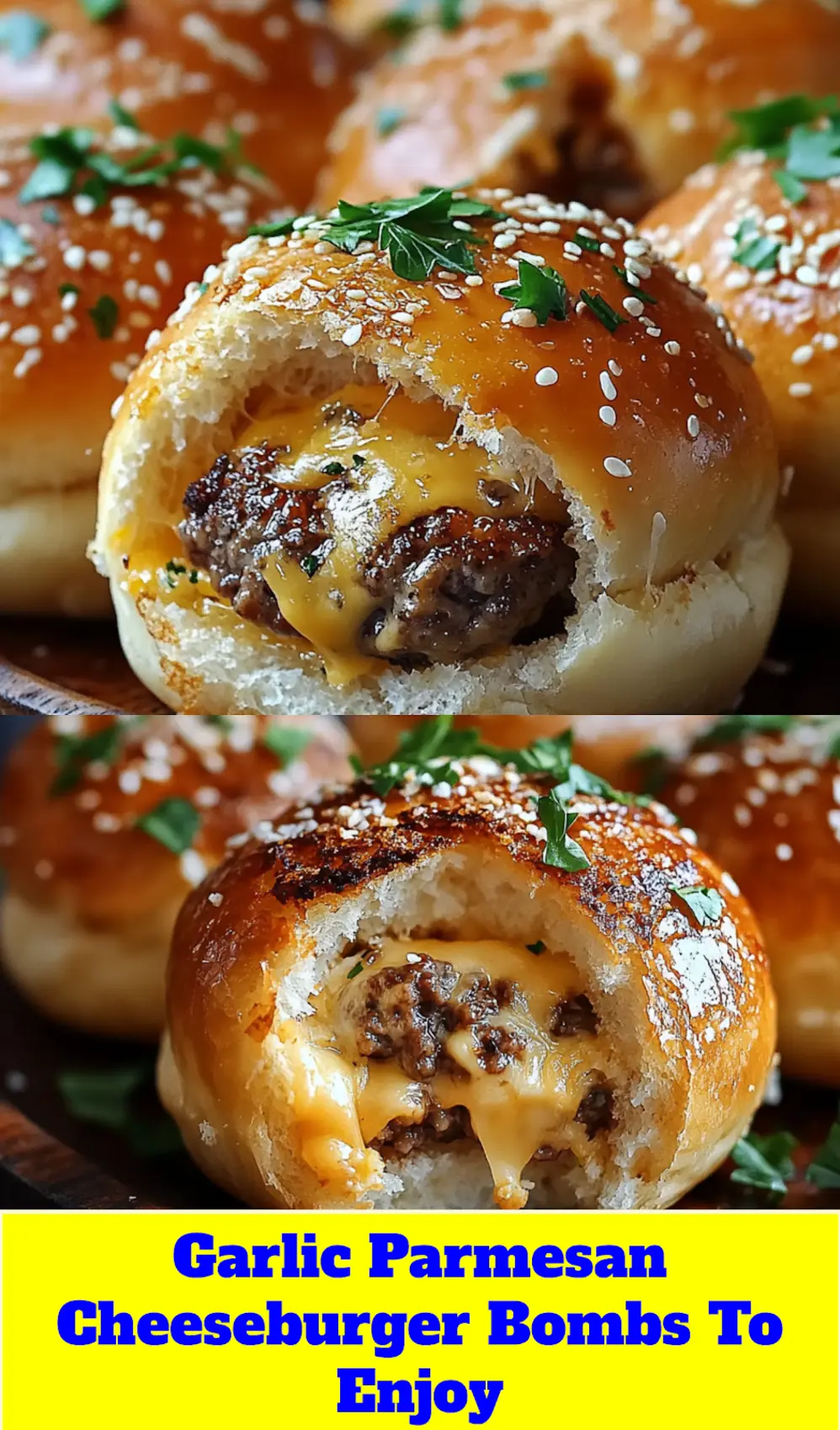 GARLIC PARMESAN CHEESEBURGER BOMBS centered hero view, clean and uncluttered_pin