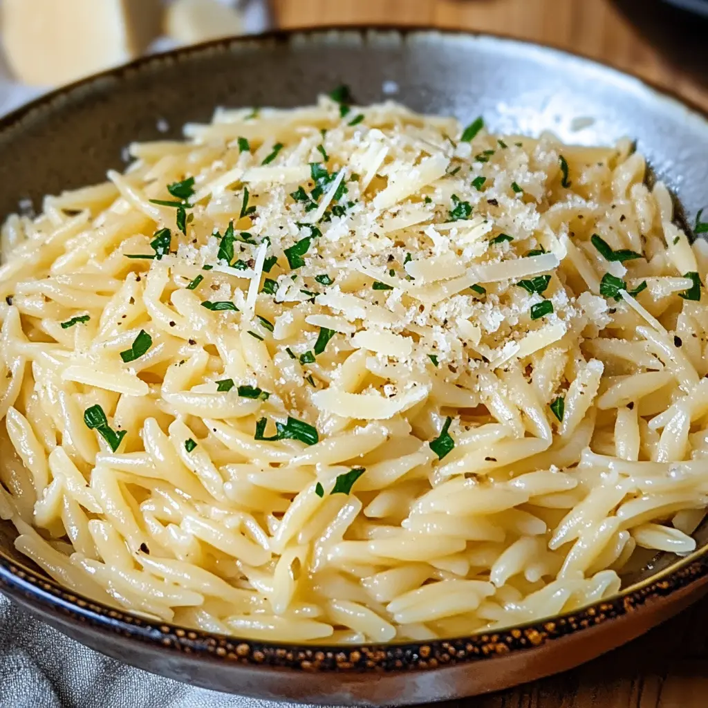 GARLIC PARMESAN ORZO PASTA centered hero view, clean and uncluttered