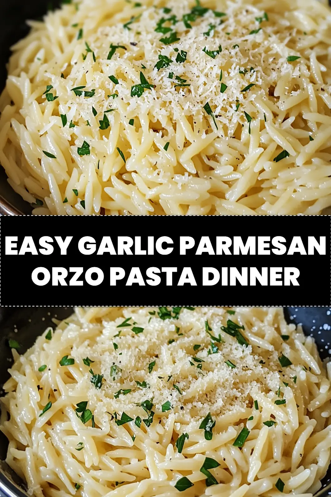 GARLIC PARMESAN ORZO PASTA centered hero view, clean and uncluttered