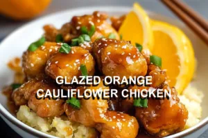 GLAZED ORANGE CAULIFLOWER CHICKEN centered hero view, clean and uncluttered