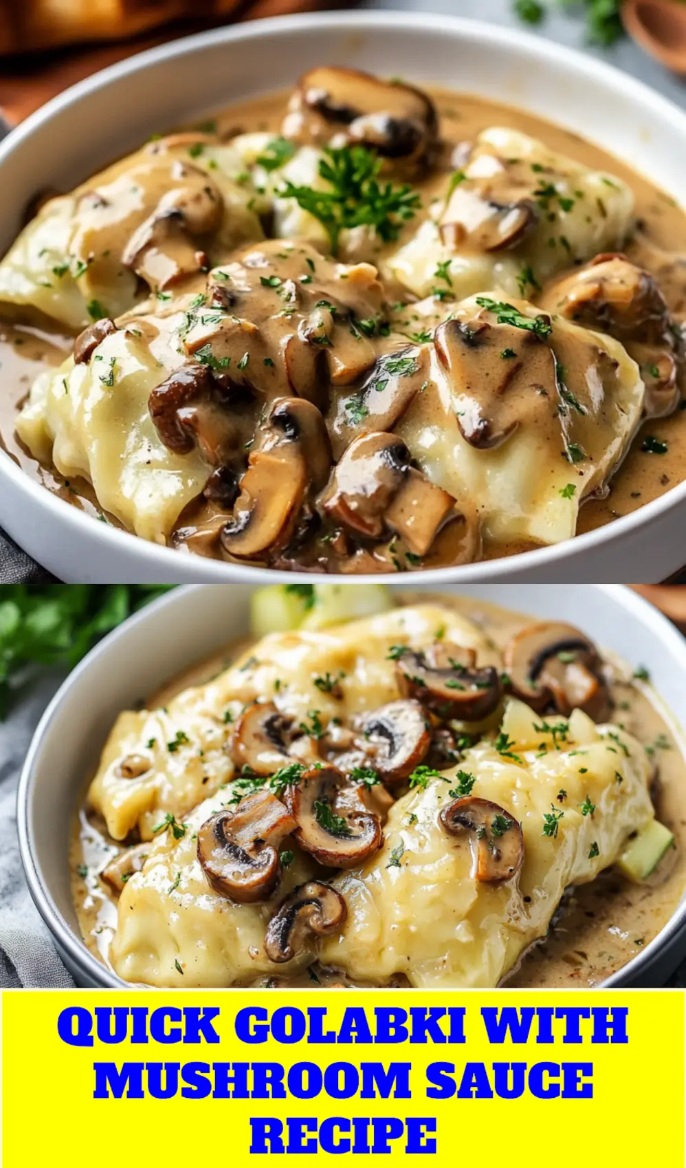 Golabki with Mushroom Sauce Recipe Easy Homemade Comfort 4 Golabki with mushroom sauce centered pin view, clean and uncluttered