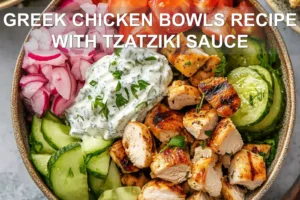 Best Greek Chicken Bowls Recipe with Tzatziki Sauce Now GREEK CHICKEN BOWLS RECIPE WITH TZATZIKI SAUCE centered hero view, clean and uncluttered