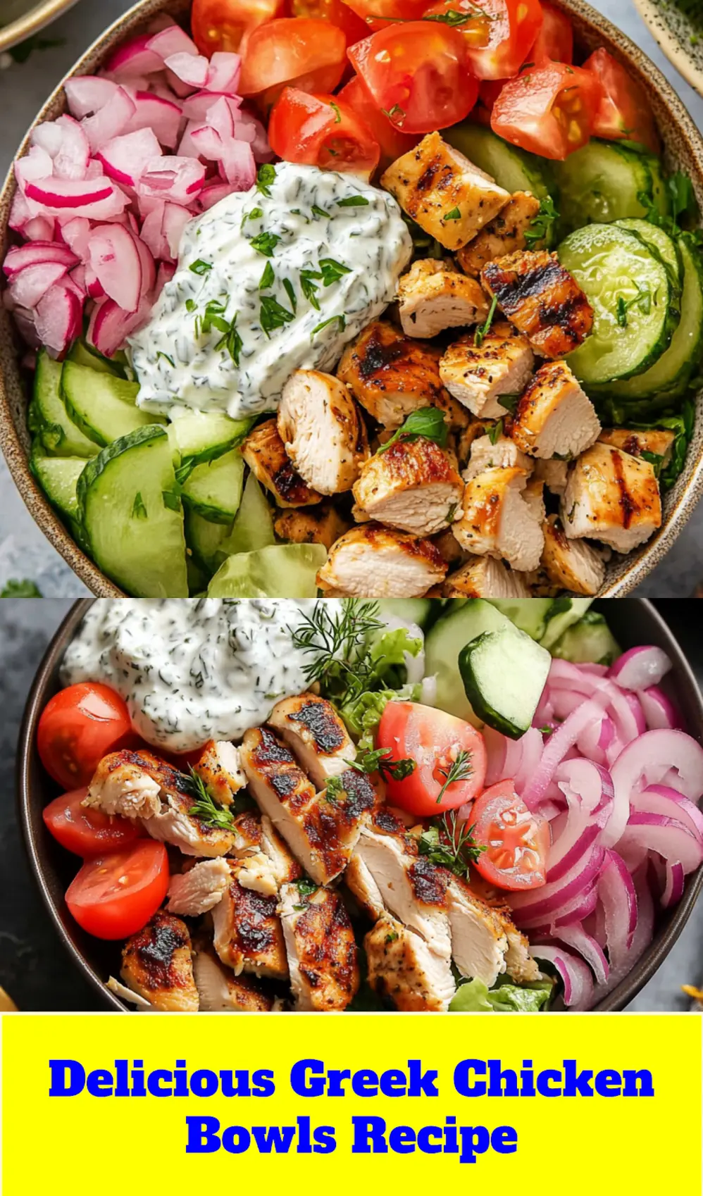 Greek Chicken Bowls Recipe with Tzatziki Sauce centered hero view, clean and uncluttered