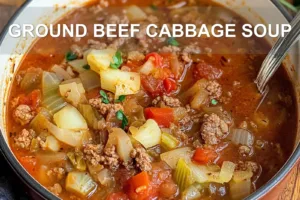Enjoy Ground Beef Cabbage Soup with Easy Steps GROUND BEEF CABBAGE SOUP centered hero view, clean and uncluttered