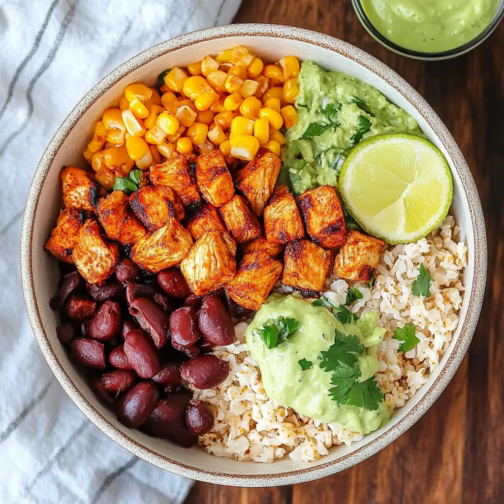 HEALTHY CHICKEN BURRITO BOWLS centered hero view, clean and uncluttered