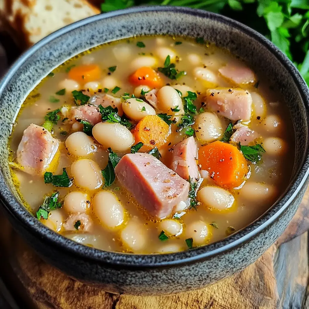 HEARTY HAM AND WHITE BEAN SOUP centered hero view, clean and uncluttered